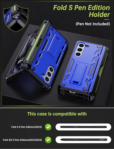 KJSK for Samsung Galaxy Z Fold 5 Case,with S Pen Holder+Belt Clip Holster+Built-in Kickstand+Hinge Protection,Heavy Duty Military Grade Drop Proof Case for Galaxy Z Fold 5(Blue) - color: Blue