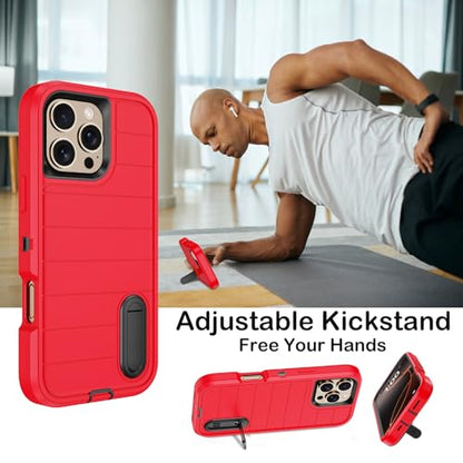 for iPhone 16 Pro Case with Screen Protector,Built-in Invisible Kickstand,Heavy Duty Shockproof Drop Protection Military Grade Tri-Layer Rugged Durable Cell Phone Cover for Apple 16 Pro 6.3"(Red) - color: Red