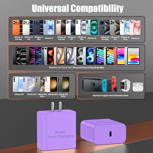 Fast Charger for iPhone 17 Pro Max, Super Fast USB C (6+6+10) FT Cables - color: Purple