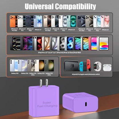 Fast Charger for iPhone 17 Pro Max, Super Fast USB C (6+6+10) FT Cables - color: Purple