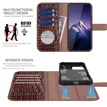 Leather Case Compatible with iPhone 17 Pro Max Wallet 6.9" | Genuine Leather 2-in-1 Magnetic Detachable Shockproof,Flip Folio Cover with Card Slot,Wireless Charging RFID Blocking,Brown - color: Brownness, size: 6.9”-17 Pro Max