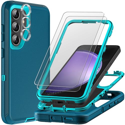 for Samsung Galaxy S23 FE Case with 2Pcs Tempered Glass Screen Protector and 1Pcs Camera Lens Protector, 3 in 1 Heavy Duty Shockproof/Drop Proof/Dust Proof Case (Blue/Turquoise) - color: Blue/Turquoise