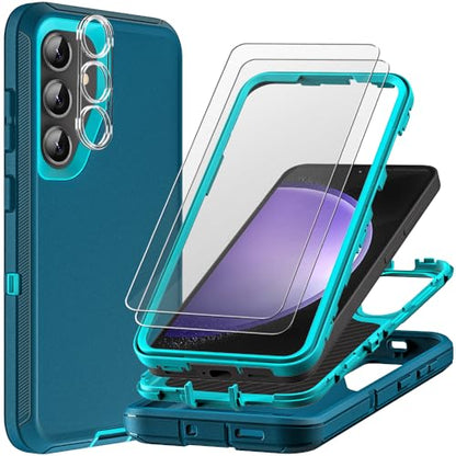for Samsung Galaxy S23 FE Case with 2Pcs Tempered Glass Screen Protector and 1Pcs Camera Lens Protector, 3 in 1 Heavy Duty Shockproof/Drop Proof/Dust Proof Case (Blue/Turquoise) - color: Blue/Turquoise