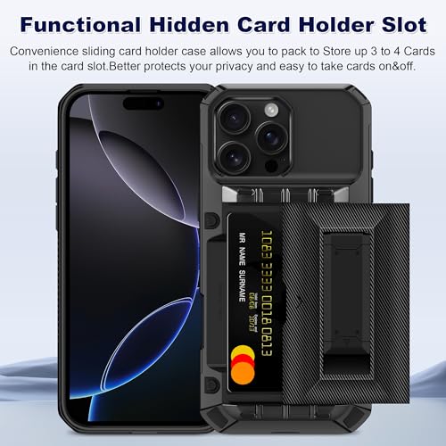 SAMONPOW for iPhone 16 Pro Case with Card Holder [4 Cards] &Kickstand Black - size: for iPhone 16 Pro