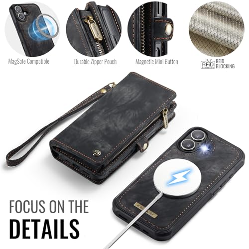 Compatible with iPhone 17 Wallet Case with Magsafe,Black | Magnetic Detachable Case,Card Holder,Zipper Pocket,Strap Wristlet, Soft Leather Drop-Proof Phone Case for iPhone 17 6.3" - color: (Detachable and Magsafe)-Black, size: iPhone 17 6.3 Inch