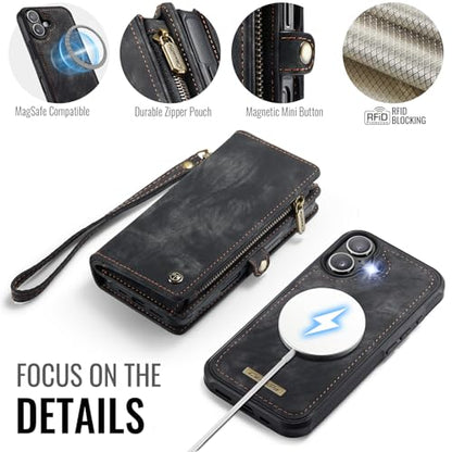 Compatible with iPhone 17 Wallet Case with Magsafe,Black | Magnetic Detachable Case,Card Holder,Zipper Pocket,Strap Wristlet, Soft Leather Drop-Proof Phone Case for iPhone 17 6.3" - color: (Detachable and Magsafe)-Black, size: iPhone 17 6.3 Inch