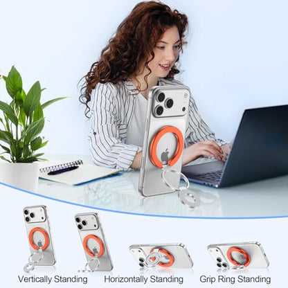 MagSafe Phone Grip Holder Dual-Sided Magnetic Finger Ring Stand for iPhone - color: orange