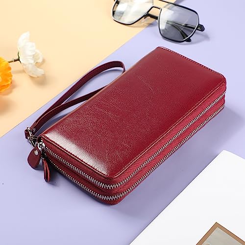 Small Compact Women Wallet RFID Blocking Genuine Leather Bifold Purse with ID Windows - color: 2-waxed Wine Red, size: One Size