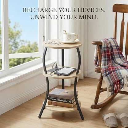 YEAKOO Small Side Table with Charging Station,3-Tier Round end Table - color: Oak, style: USB Charger