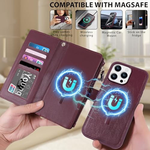 for iPhone 16e/17e Case Wallet,Compatible with MagSafe Magnetic 2 in 1 Magnetic Detachable PU Leather RFID Blocking Wallet Cover Card Holder Zipper Wrist Strap Lanyard,Quilted Wine Red - color: Quilted Wine Red