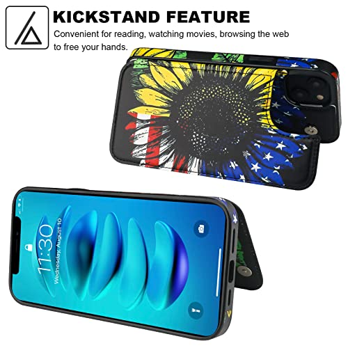 HAOPINSH for iPhone 14 Wallet Case with Card Holder, American Flag Sunflowers Pattern Back Flip Folio PU Leather Kickstand Card Slots Case for Women Girls, Double Magnetic Clasp Shockproof Cover 6.1" - color: American Flag Sunflowers