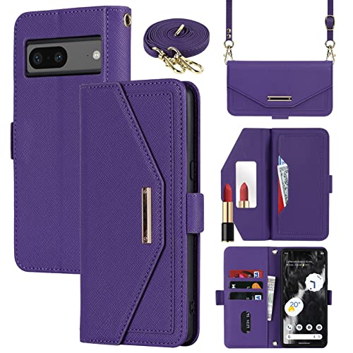 Crossbody Wallet for Google Pixel 7 Case with Strap,6.3",Purple | Long Shoulder Strap,Credit Card Holder, PU Leather, Handbag Purse, Kickstand, Make Up Mirror, Cover Case, for Women Girls - color: Purple