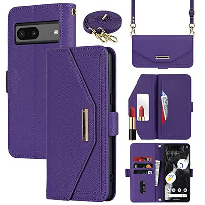 Crossbody Wallet for Google Pixel 7 Case with Strap,6.3",Purple | Long Shoulder Strap,Credit Card Holder, PU Leather, Handbag Purse, Kickstand, Make Up Mirror, Cover Case, for Women Girls - color: Purple