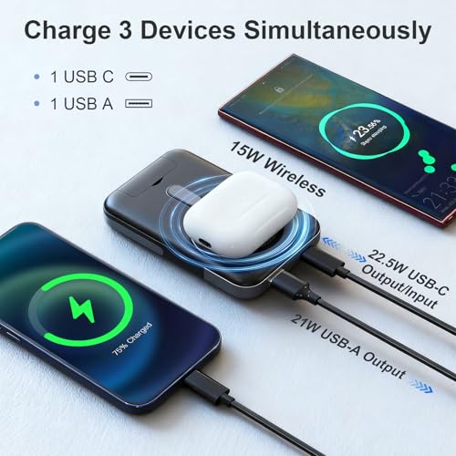 JUOVI Magnetic Power Bank 22.5W 10,000mAh Wireless Portable Charger | Battery Pack with LED Display Adjustable Dual-Foldable Stand Magsafe-Compatible for iPhone 16/15 Series Samsung AirPods - color: Blue