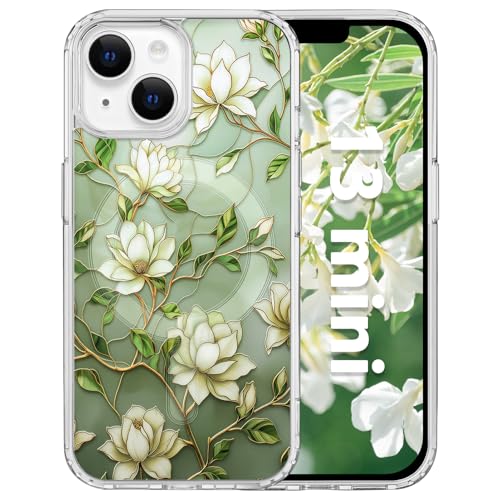 for iPhone 13 Mini 5.4" Magnetic Case[Compatible with MagSafe] Aesthetic Vintage Stained Glass Bloom Flower Design, Slim Fit Hard PC Back Shockproof Cute Clear Phone Cover, Magnolia - color: Magnolia Glass Flower, size: iPhone 13 Mini