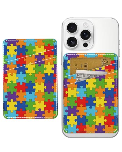 Phone Card Holder, Dual Pocket Leather Phone Wallet Adhesive Stick On, Cute Card Holder, Credit Card Holder for Phone Case Colorful Puzzles - color: Colorful Puzzles