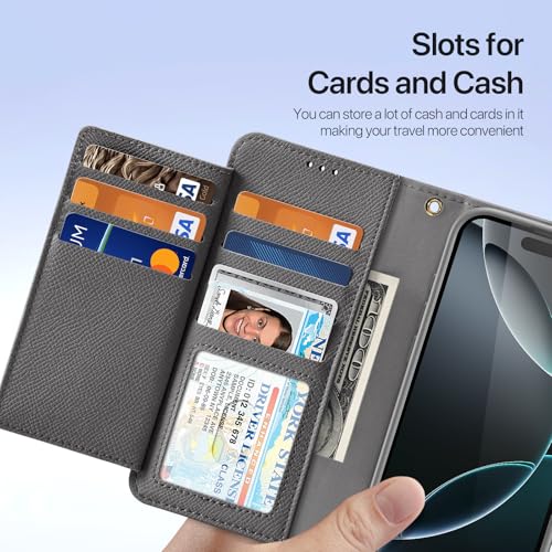 for iPhone 16 Pro Wallet Case, iPhone 16 Pro Case Wallet Gray | Compatible with Magsafe, RFID Blocking, Zipper Card Holder, PU Leather Flip Folio Case, Strap Wallet Case, Phone Kickstand - color: Gray, size: iPhone 16 Pro