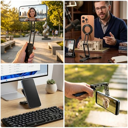 Ruittos for Magsafe Phone Stand & Tripod Adapter, Aluminum iPhone Mount with Arca-Swiss Base,1/4" Thread Foldable Desktop Stand & Selfie Stick Grip, Compatible with iPhone 17/16...Andriod