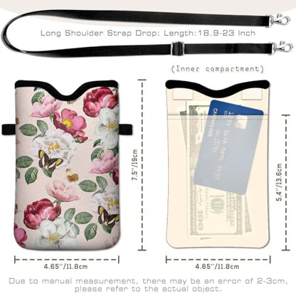 Universal Phone Sleeve Pouch with Crossbody Strap 7.6 X 4.3 Inches Shockproof Water Resistant Mobile Protection Bag-Pink Floral Neoprene Phone Pouch Bag - color: Pink Floral-Phone Pouch
