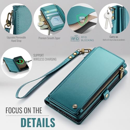Defencase for iPhone 17E & 16E Wallet Phone Case with Card Holder, Green | Durable Soft PU Leather, with RFID Blocking Zipper Pocket, Strap, Magnetic Snap Flip Cases Cover with Stand for Women Men - color: Blue Green
