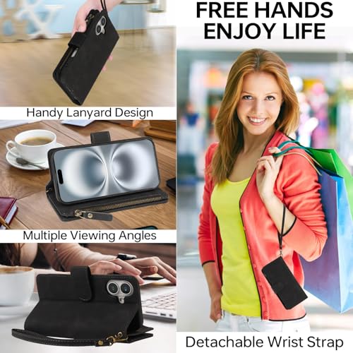 RANYOK Compatible with iPhone 16 Case Wallet - PU Leather Wallet Case for iPhone 16 with Credit Card Holder RFID Blocking Zipper Pocket with Wrist Strap Flip Folio Protective Case (Black) - color: Black, size: iPhone 16, 6.1"