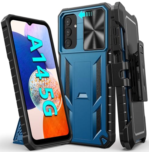 FNTCASE for Samsung Galaxy A14-5G Case with Slide Camera Cover & Holster | Built in Kickstand, Military Grade Dropproof Protection, Heavy Duty Rugged Phone case, Outdoor Protection - color: Blue Navy