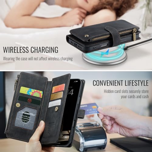 Compatible with iPhone 17 Wallet Case with Card Holder Kickstand Magnetic Zipper Pocket Lanyard Strap Wristlet,Leather Flip Case Wallet for iPhone 17 6.3 Inch (Black) - color: Black, size: iPhone 17 6.3 Inch