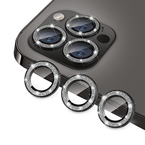 Compatible with iPhone 14 Pro & 14 Pro Max Camera Lens Protector, Bling Glitter Diamond Lens Cover 9H Tempered Glass Camera Cover Anti Scratch Shockproof Screen Protector Individual Lens Ring - 3PCS Glitter Black - color: Glitter Black