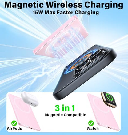 3-in-1 5000mAh for Magsafe Power Bank Thin Slim 22.5W Magnetic Battery Pack - color: Pink