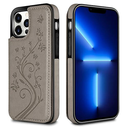 HianDier Wallet Case Compatible with iPhone 13 Pro MAX Case 5G 6.7-inch Slim Protective with Credit Card Slot Holder Flip Folio Soft PU Leather Magnetic Closure Cover, Butterfly Gray - color: Butterfly Gray