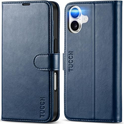 TUCCH Case Wallet for iPhone 16 (6.1") 2024, RFID Blocking Folio, Dark Blue | 4 Card Holders, Kickstand, PU Leather, Magnetic Closure, Shockproof TPU Shell, Protective Flip Cover - color: Dark Blue