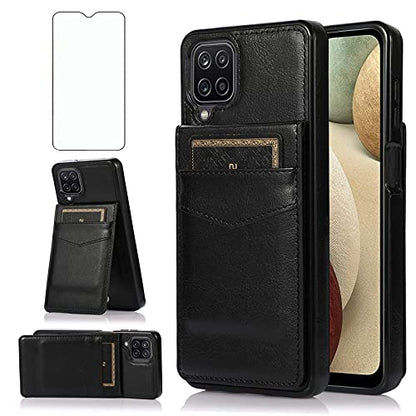 Phone Case for Samsung Galaxy A42 5G with Tempered Glass Screen Protector Credit Card Holder Wallet Cover Stand Leather Cell Accessories Glaxay A 42 G5 Gaxaly 42A S42 4G 2021 Cases Women Men Black - color: Black