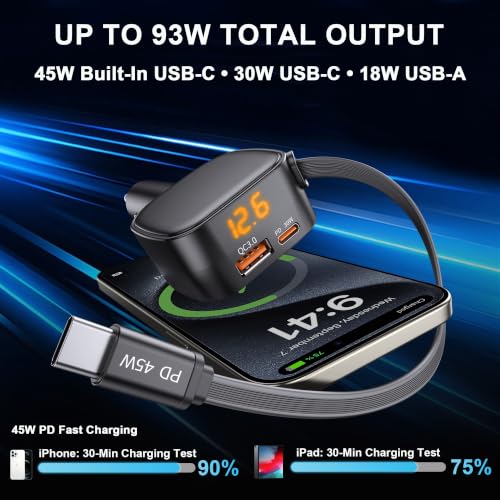 93W Retractable Car Charger USB C, Compact 3-Port Fast Charging