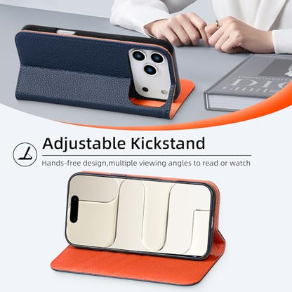 VISOUL Genuine Leather Wallet Case for iPhone 17 Pro Max 6.9" 2025, Pebbled Leather Flip Cover | RFID Blocking 4 Card Holders | Kickstand | Soft Inner Phone Shell | Blue+Orange - color: Blue+Orange