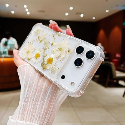 Compatible with iPhone 17 Pro Case Clear Cute Real Flowers | Handmade Natural Pressed Dried white Flower Gliter Soft TPU Slim Protective phone cover for iphone 17 Pro - color: White Flower, size: iphone 17 Pro