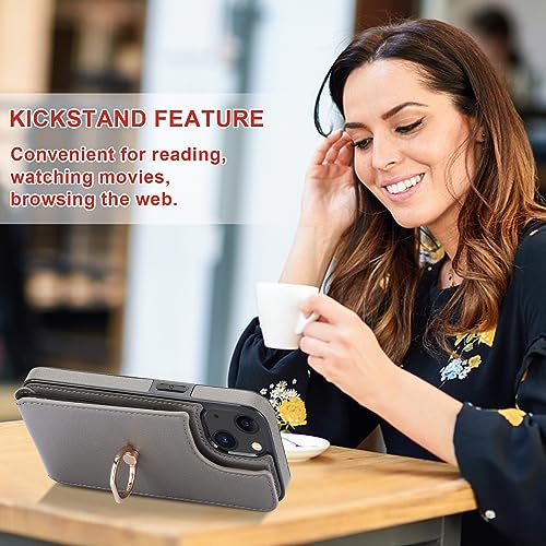 Folosu Compatible with iPhone 13 Case Wallet with Card Holder, 360°Rotation Finger Ring Holder Kickstand Protective RFID Blocking PU Leather Double Buttons Flip Shockproof Cover 6.1 Inch Gray - color: Gray