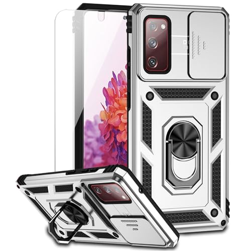 for Samsung Galaxy S20 FE 5G Case with Camera Lens Cover HD Screen Protector, Military-Grade Drop Tested Magnetic Ring Holder Kickstand Protective Phone Case for Samsung Galaxy S20 FE 5G (Silver) - color: Silver with camera cover Military-Grade 2nd gen