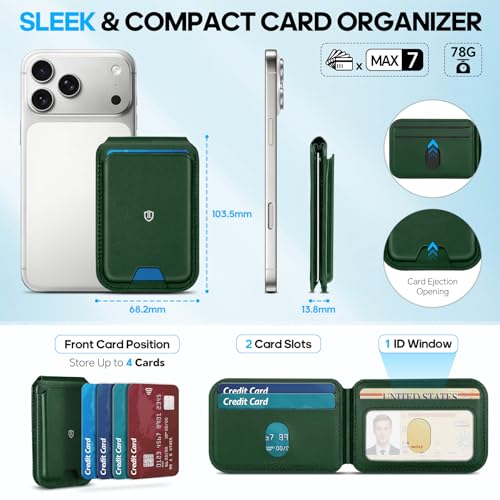 SHIELDON Genuine Leather Magnetic Wallet Stand for MagSafe, Evergreen | Strong Magnetic, 6 Card Holders, Kickstand, Rfid Blocking, Quick-access, ID Window, for iPhone 17/16/15/14/13/12 Series - color: Evergreen