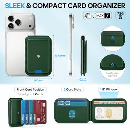 SHIELDON Genuine Leather Magnetic Wallet Stand for MagSafe, Evergreen | Strong Magnetic, 6 Card Holders, Kickstand, Rfid Blocking, Quick-access, ID Window, for iPhone 17/16/15/14/13/12 Series - color: Evergreen