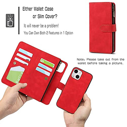 iCoverCase Compatible with iPhone 13 Wallet Phone Case with Card Holder, PU Leather Zipper Pocket Magnetic Detachable Flip Case with Wrist Strap (Red) - color: Detachable--Red