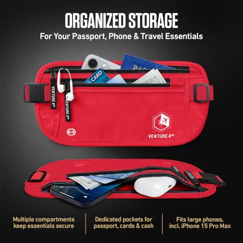 VENTURE 4TH Travel Money Belt, RFID Blocking Passport Holder - Red - color: Red