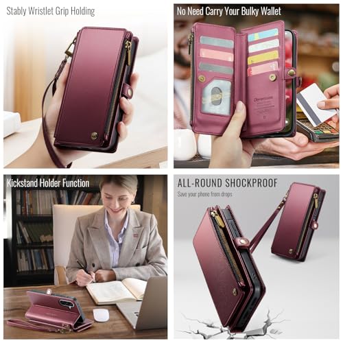 Defencase for Samsung Galaxy A36 5G Wallet Case with Card Holder, Wine Red | RFID Blocking, Zipper Pocket, Durable PU Leather, Wrist Strap, Fashion Snap Flip Phone Cases Cover with Stand for Women Men - color: Wine Red