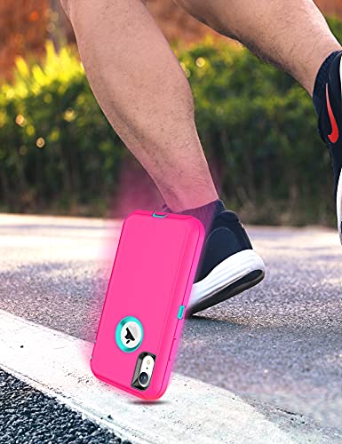 MXX Compatible with iPhone Xr Case, 3-Layer Super Protective Full Heavy Duty Body Tough Rugged Bumper Cover, Shock & Dust Proof, Designed for Apple Xr Phone Case 6.1" - color: Pink/Teal Blue