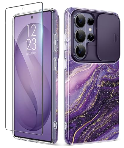 GVIEWIN for Samsung Galaxy S26 Ultra Case with Slide Camera Cover, [Screen Protector] [Shockproof Military Grade Drop Protection] Marble Slim Fit Hard PC Phone Cover S26 Ultra 6.9" 2026 (Charoite) - color: Charoite/Purple, size: For Galaxy S26 Ultra 6.9"