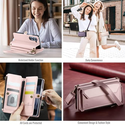Strapurs Crossbody Wallet Case Compatible with Samsung Galaxy Z Fold 5 with RFID Blocking Card Holder & Pen Holder Slot Soft PU Leather Shoulder Strap Zipper Pocket Purse Fold 5 Phone Case, Rose Gold | RFID Blocking 5-Card Holder, Shoulder Lanyard, Wirst