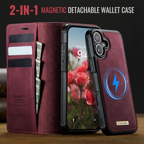 Kowauri Case for iPhone 17, PU Leather Wallet Flip Case with Card Holder RFID Blocking, Magnetic Detachable Shockproof Phone Cover Wireless Charging Compatible for iPhone 17 (6.3 inch), Red - color: Red