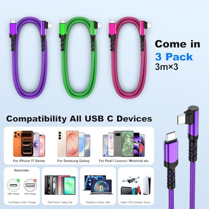 Pofesun 10ft USB C Cable Fast Charging,3 Pack 60W(3A) USB C Charger Cable - color: Purple,Green,Rose, size: 10FT+10FT+10FT