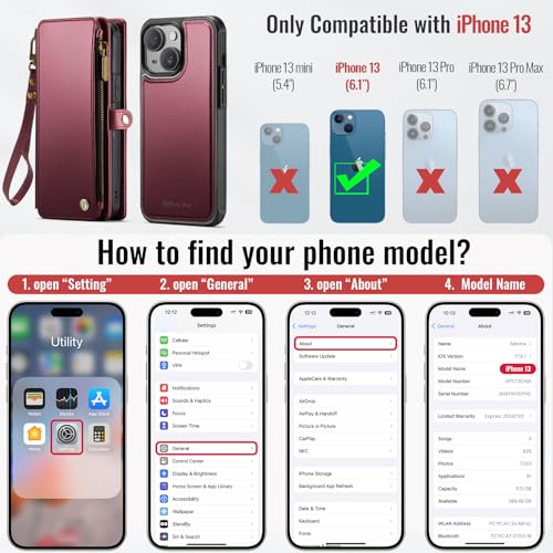 Defencase for iPhone 13 Phone Case Wallet Compatible with Magsafe, Wine Red | Magnetic Detachable, Drop-Proof Protective Wallet Cases Cover, with RFID Bolcking Card Holder, Zipper Strap, Soft PU Leather - color: (Detachable with Magsafe)-Wine Red