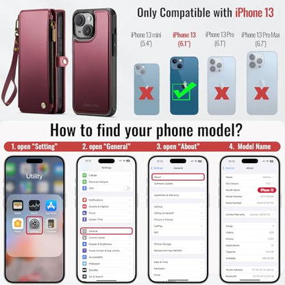 Defencase for iPhone 13 Phone Case Wallet Compatible with Magsafe, Wine Red | Magnetic Detachable, Drop-Proof Protective Wallet Cases Cover, with RFID Bolcking Card Holder, Zipper Strap, Soft PU Leather - color: (Detachable with Magsafe)-Wine Red