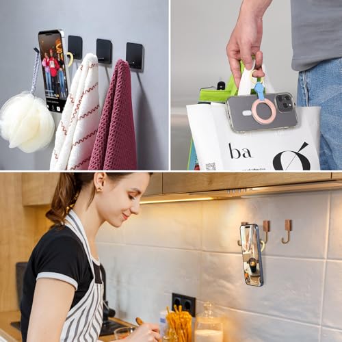 Magnetic Phone Ring Holder with Metal Ring Sticker, Long Grip as Hook, Cell Phone Grip for Hand Removable Finger Holder Compatible for MagSafe Sticker iPhone 17/16/15/14/13/12 Series, Pink - color: Pink with Blue Center